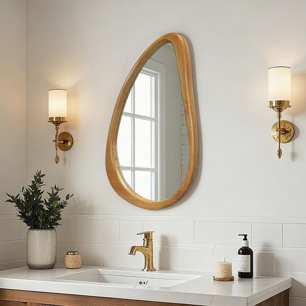 English Elm Modern Irregular Teardrop Wooden Wall Mirror Natural Frame 29.92"x20.08" Mid-Century Vanity Accent W2295P388971