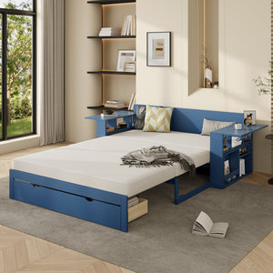 English Elm Full Size Daybed with Hydraulic Desk Armrests Storage Drawer and Sofa Seating Blue LT000271AAC