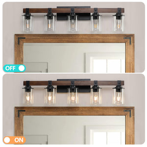 English Elm 35" Rustic 5-Light Vanity Light with Clear Glass Shades and Real Wood Accent, Industrial Farmhouse Fixture W2312P374784