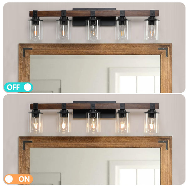 English Elm 35" Rustic 5-Light Vanity Light with Clear Glass Shades and Real Wood Accent, Industrial Farmhouse Fixture W2312P374784