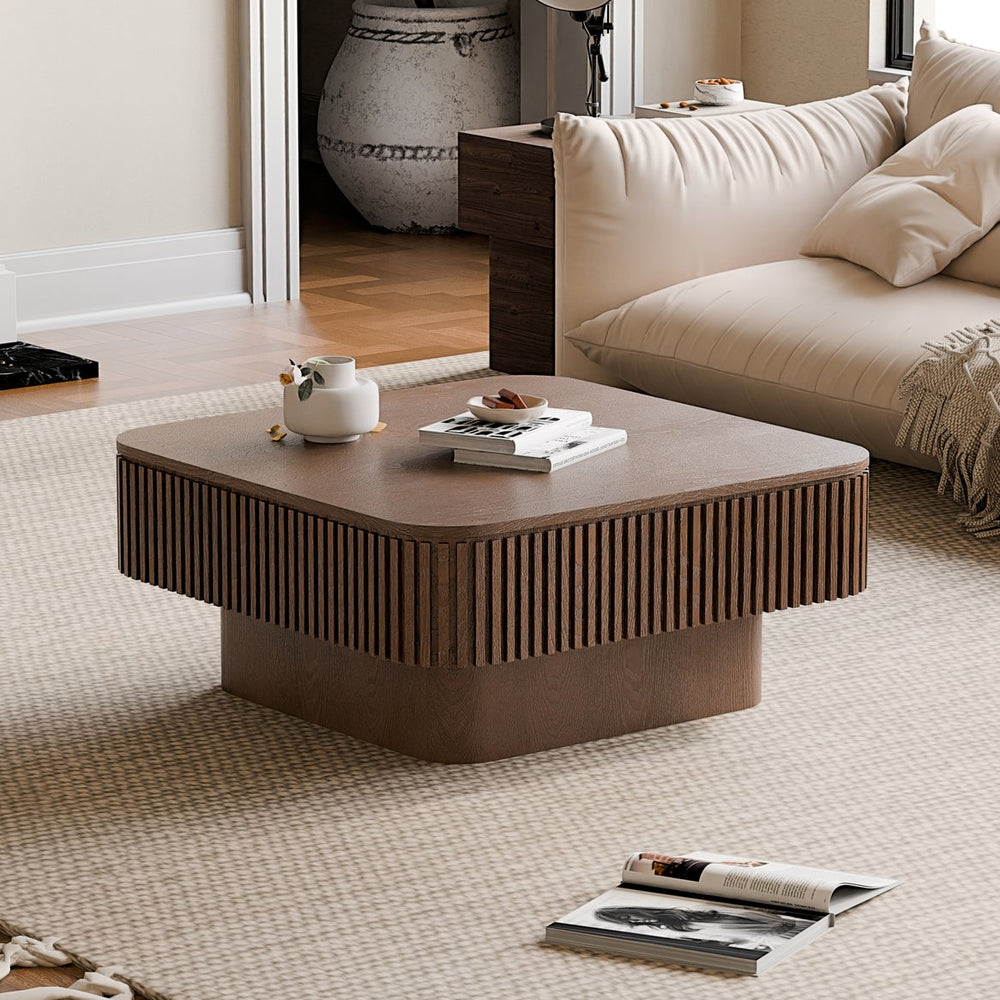 English Elm 31.5'' Square Wood Veneer Flip Top Storage Coffee Table with Slat Detail for Living Rooms Walnut W1435P375246