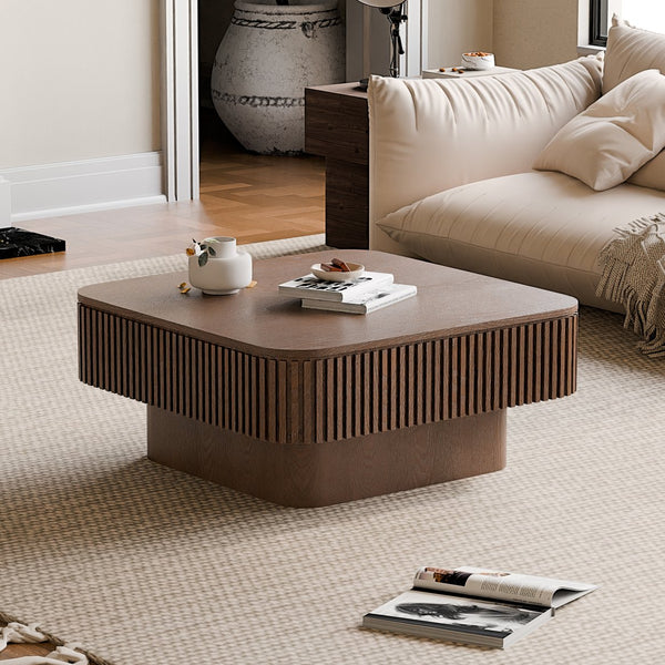 English Elm 31.5'' Square Wood Veneer Flip Top Storage Coffee Table with Slat Detail for Living Rooms Walnut W1435P375246