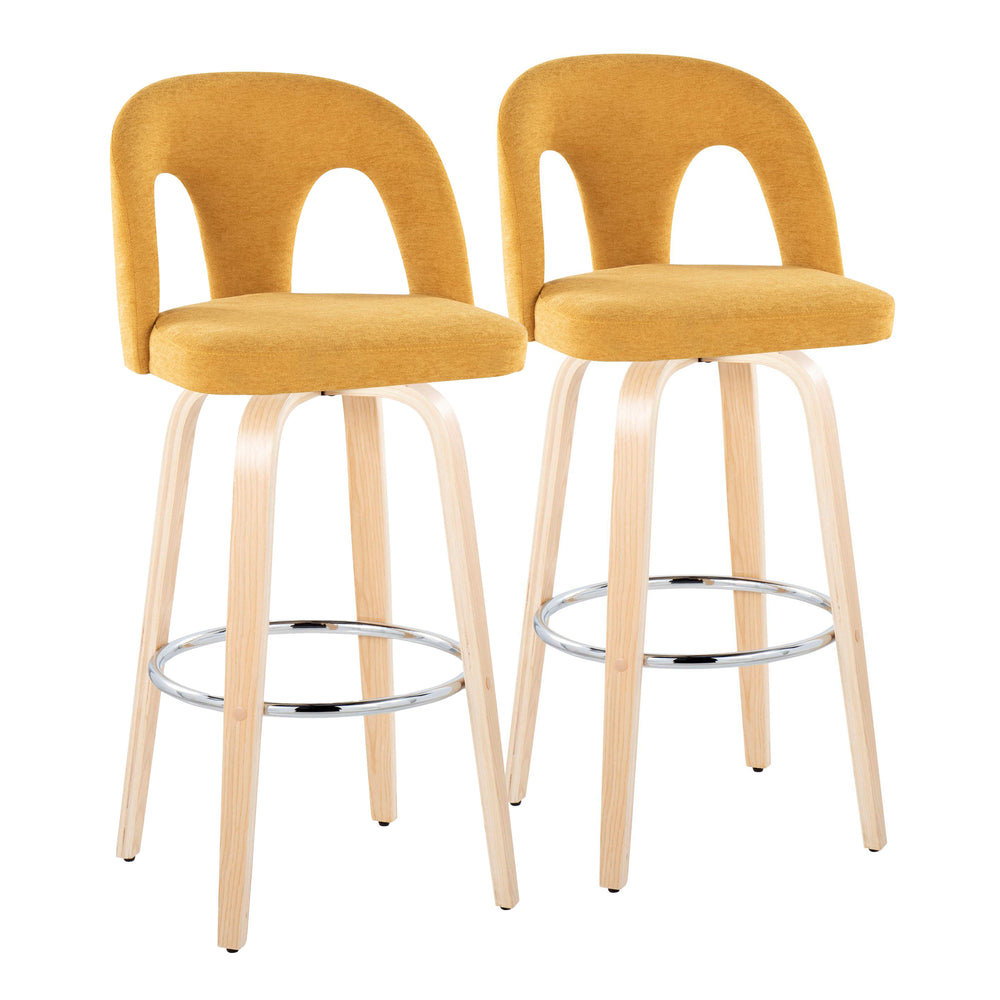 English Elm Fixed-height Swivel Barstools Bentwood Legs Yellow Upholstery Chrome Footrest Set of 2 B202S01879