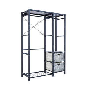 English Elm Acacia Wood Garment Rack with Shelves, 2 Wicker Drawers, 4 Hooks & 300lb Capacity — Light Gray W2391P290024