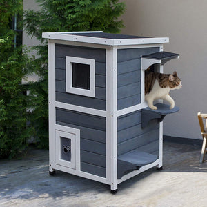 English Elm PawHut Weatherproof Outdoor Cat House with Raised Floor, Garden Planter & Multiple Entrances for Comfort and Play Grey+White W2225P217565