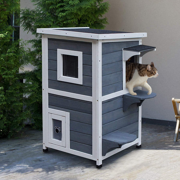 English Elm PawHut Weatherproof Outdoor Cat House with Raised Floor, Garden Planter & Multiple Entrances for Comfort and Play Grey+White W2225P217565