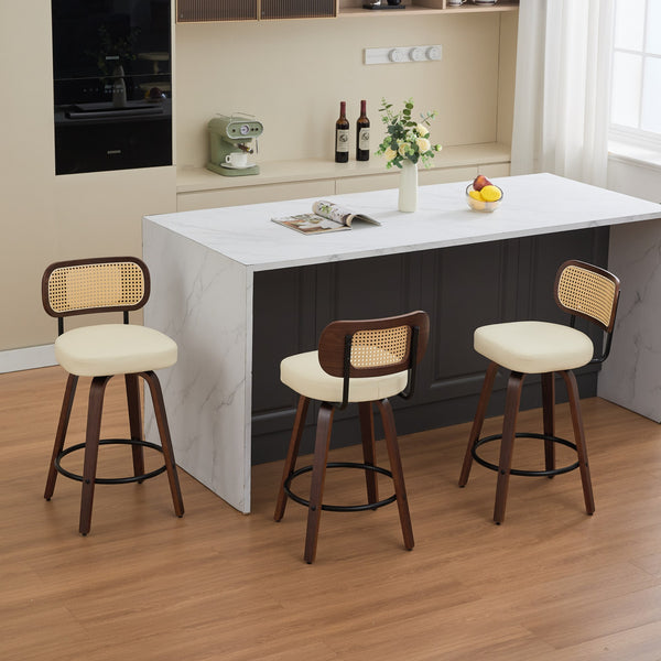 English Elm Set of 3 Rattan Counter Stools with Cane Back and Swivel, Upholstered PU Seat, Walnut Finish, Ergonomic Comfort Beige W1143P300158