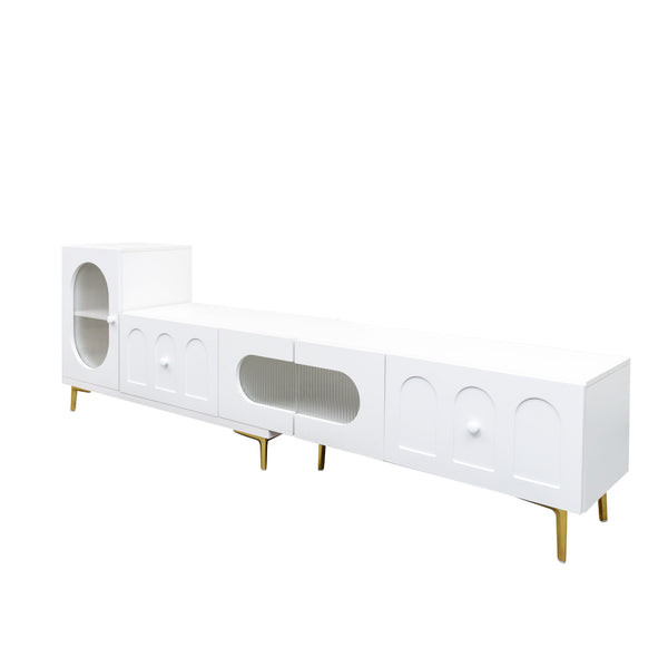 English Elm Wood Extendable TV Stand with Retractable Cabinet and Ample Storage for Living Room Media Centers White W331S00177