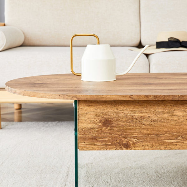 English Elm Cozy Natural Oval Coffee Table with Dual Drawers, Tempered Glass Legs, Wood Grain MDF Top, 43.3"x23.6" W1512P405601