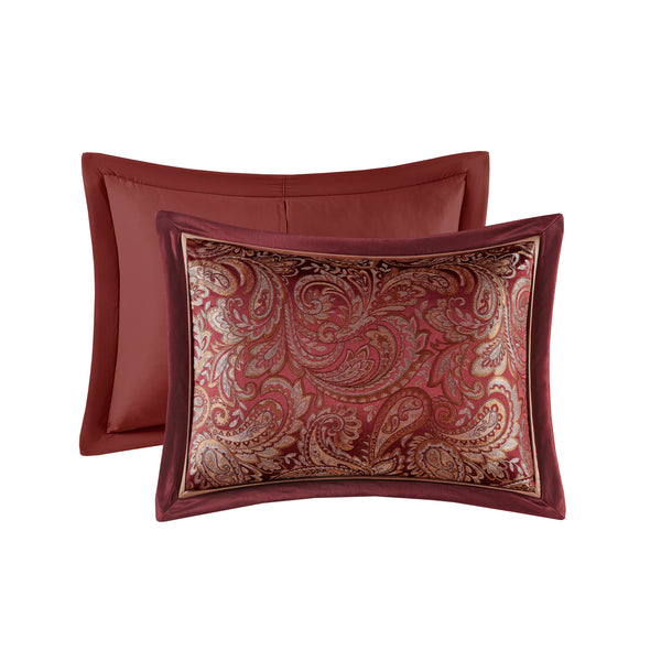 English Elm 12 Piece Comforter Set - Luxurious Burnt Red Jacquard With Cotton Sheets For California King Bed B035128828