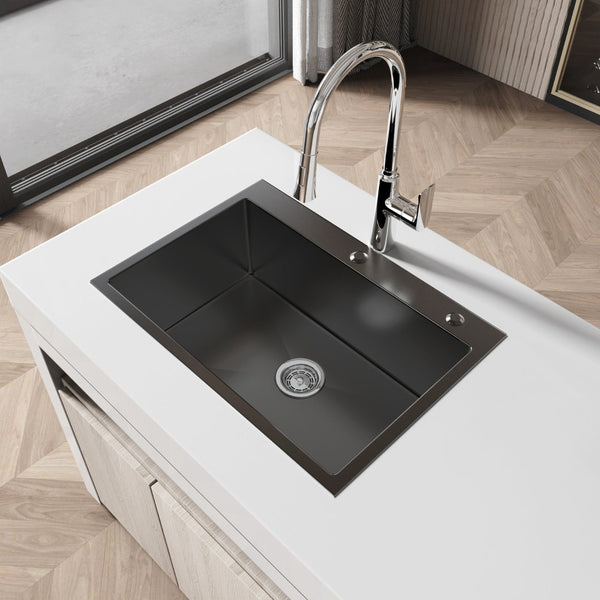 English Elm Stainless Handmade Single Bowl Overmount Kitchen Sink Deep Basin Black Satin Finish T3177P286026