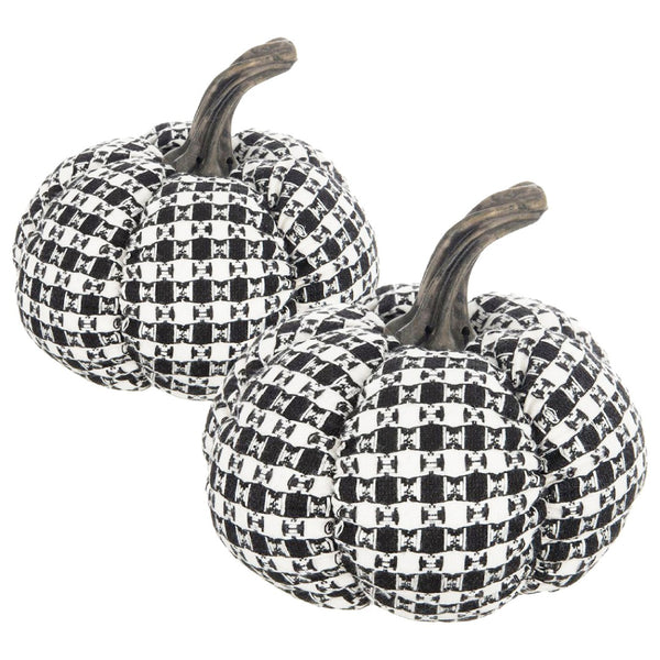 English Elm Set Of 2 Black-White Plaid Fabric Pumpkins - Cozy Rustic Décor For Fall & Halloween Displays W2078P237308-GIGA
