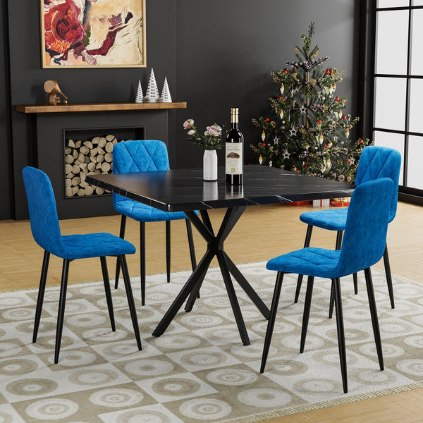 English Elm Square MDF Dining Set for 4 with Faux Marble Top, Mid-Century Modern Iron Legs, Easy-Clean Surface Black+Blue W578S00025