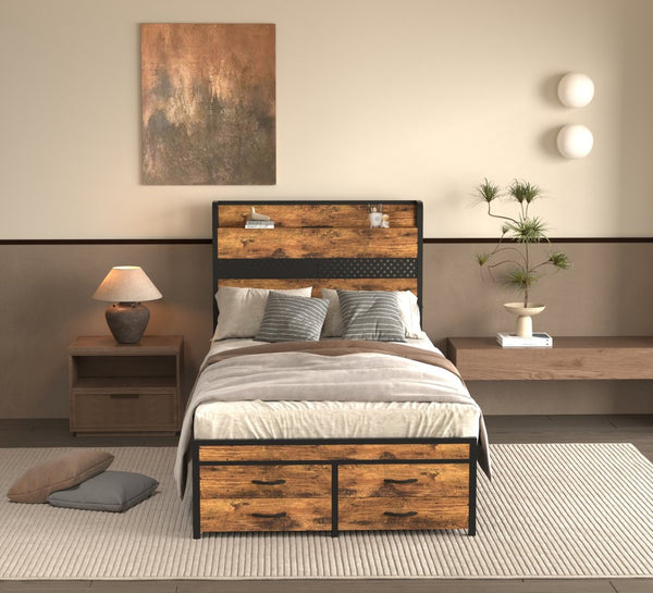 English Elm Twin Platform Bed Frame With Smart Storage Headboard, Built-In Charging & Led Lights For Small Spaces W2129P262896-GIGA