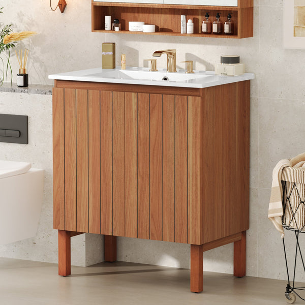 English Elm Christopher Knight Home® - 30" Modern Bathroom Vanity with Ceramic Sink, Natural Wood Grain, 45° Handle, Soft-Close, Ample Storage N817P245325N