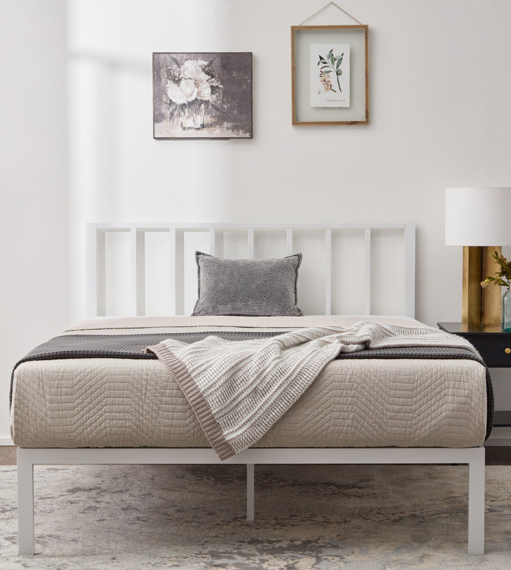 English Elm Metal Platform Bed King White with Vertical Bar Headboard, Powder-Coated Steel Frame, Wood Slats, Sturdy Support B350P394568