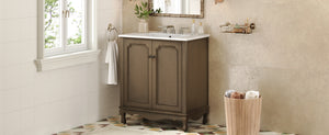 English Elm Christopher Knight Home® - 30" Vintage Bathroom Vanity with Rectangle Ceramic Sink, Rubber Wood Legs, Soft-Close Doors, Adjustable Shelves Antique brown N817P245316L