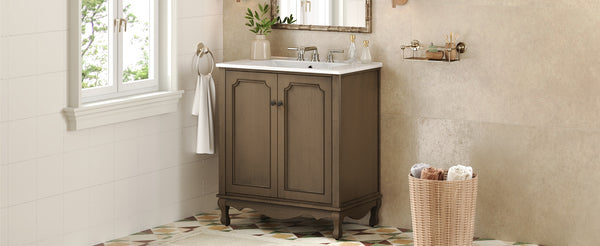 English Elm Christopher Knight Home® - 30" Vintage Bathroom Vanity with Rectangle Ceramic Sink, Rubber Wood Legs, Soft-Close Doors, Adjustable Shelves Antique brown N817P245316L