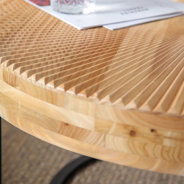 English Elm Modern Round Pine Coffee Table with Carved Wood Top and Sleek Metal Legs for Stylish Living Spaces Natural+Black W757P186923