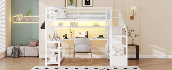 English Elm Full Size Steel Loft Bed with Staircase Storage Wardrobe Desk and Led Lighting White W2593S00059