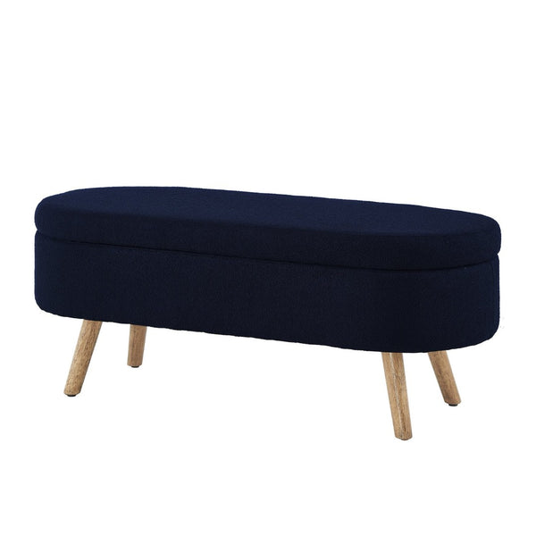 English Elm Luxury Boucle Oval Ottoman Bench with Hidden Storage Rubberwood Legs Entryway Seat Navy Blue W2186P430718