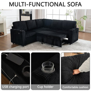 English Elm Sectional Corduroy Sleeper Sofa with Storage and Charging Ports for Small Spaces Black W1361S00078