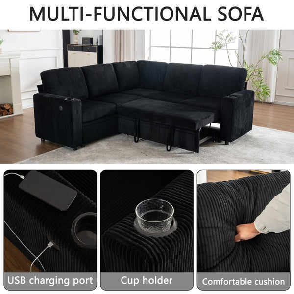 English Elm Sectional Corduroy Sleeper Sofa with Storage and Charging Ports for Small Spaces Black W1361S00078