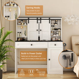 English Elm Farmhouse Vanity Table with Lighted Mirror Drawers and Hair Tool Storage for Bedroom W1321P423102
