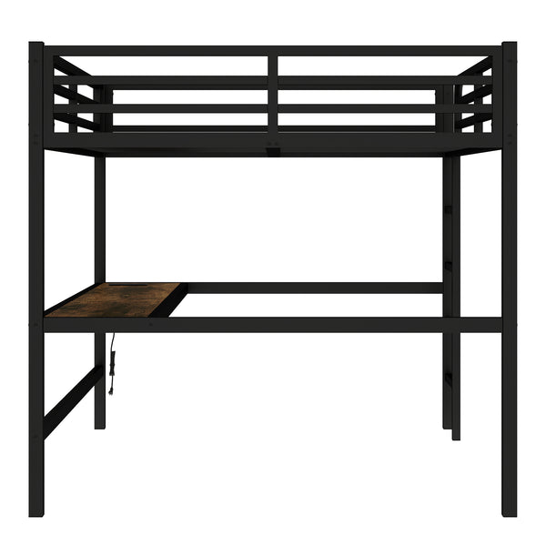 English Elm Metal Queen Loft Bed With Integrated Desk, Power Outlet & Led Lights - Space-Saving Black Design W1580S00107