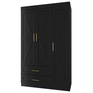 English Elm Shaker Three Door Wardrobe Armoire with Hanging Rod and Shelves for Bedroom Black T3210S00006