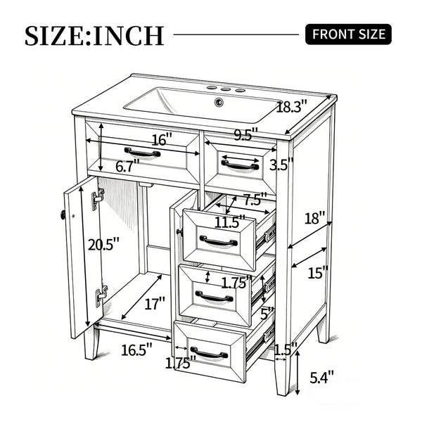 English Elm [video] 30 Inch Freestanding Bathroom Vanity White Mdf Pine Legs Ceramic Sink Soft Close N759P394442K