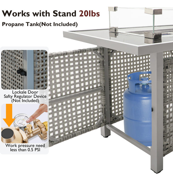 English Elm K&K 8-Piece Patio Conversation Set with 43" 60,000 BTU Propane Fire Pit, UV Wicker & Thick Cushions Grey N707S000012G