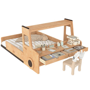 English Elm Full Size Car Shaped Kids Platform Bed with Storage Drawers Integrated Desk Pine Wood Natural W1580S00489