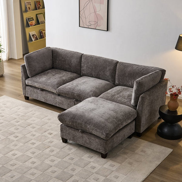 English Elm 96.5" L-shaped Chenille Sectional with Storage Ottoman Eucalyptus Frame Living Room Gray W1097S00280