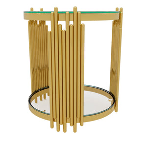 English Elm Modern Round Mirrored Glass End Table with Gold Metal Frame and Lower Display Shelf Transparent N735P380092K