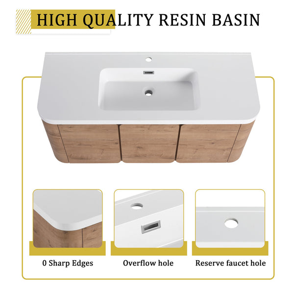 English Elm 48" Floating Bathroom Vanity Dual Ceramic Vessel Sinks Oak Finish Soft Close Doors W999S00507