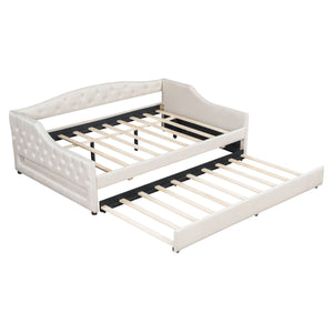 English Elm Upholstered Full XL Daybed with LED Belt and Trundle, Linen Backrest, Modern Silhouette, 450lb Capacity Beige DL002059AAA