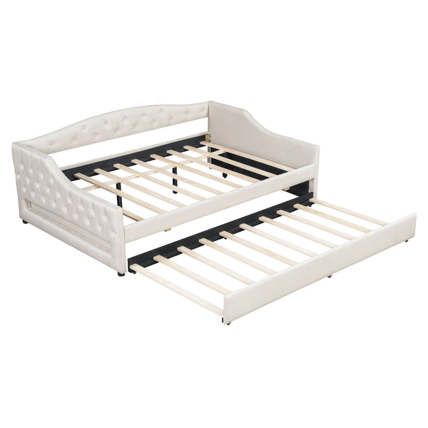 English Elm Upholstered Full XL Daybed with LED Belt and Trundle, Linen Backrest, Modern Silhouette, 450lb Capacity Beige DL002059AAA