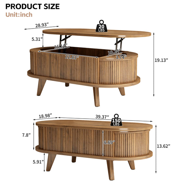 English Elm Fluted Oval Lift Top Coffee Table Walnut Wood Storage Mid Century Living Room W2641P449066