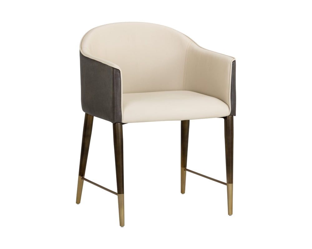 Sunpan Kylin Dining Armchair: Modern Barrel Back Design in Cream Faux Leather with Brass Steel Legs