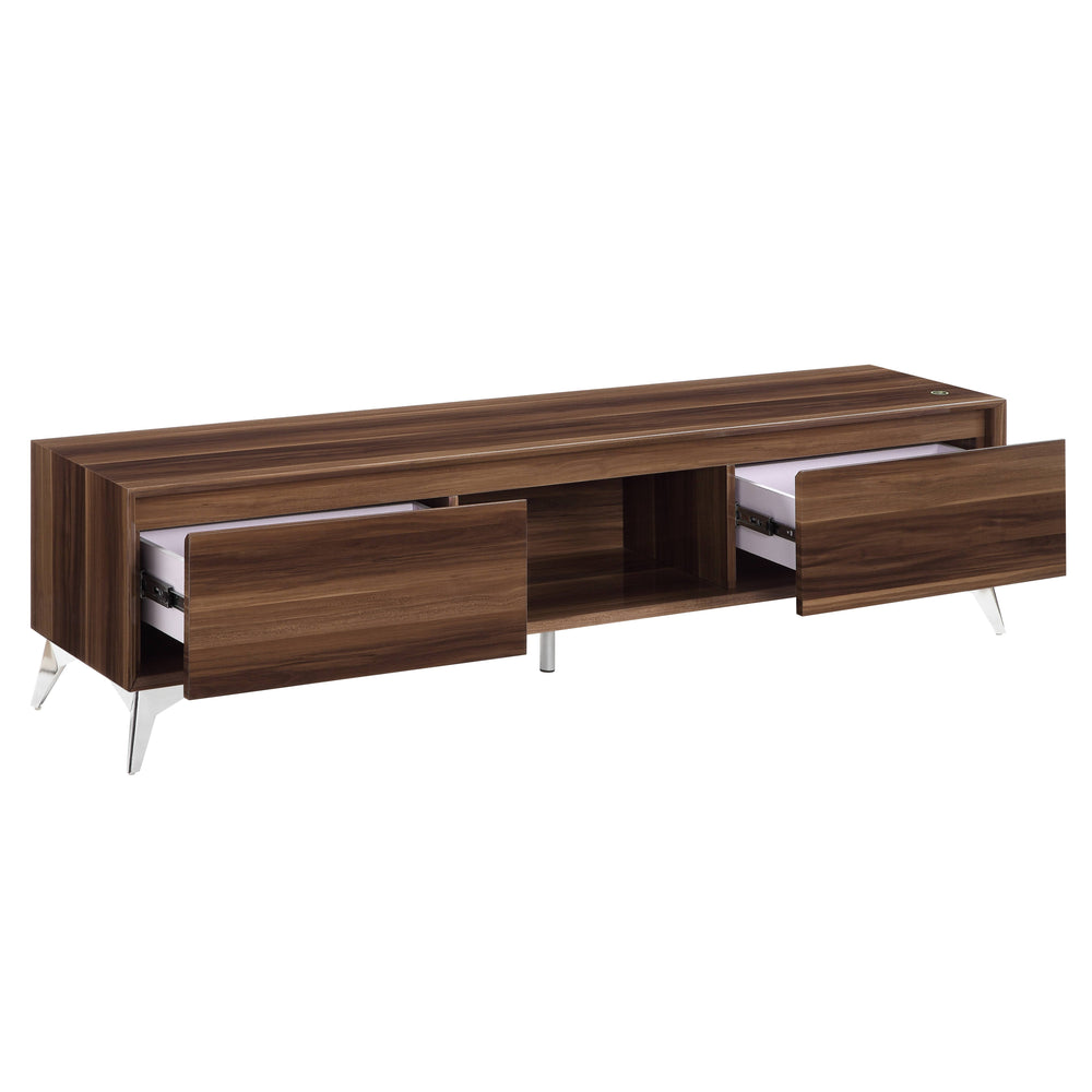 English Elm Raceloma Walnut TV Stand with Chrome Legs & LED Touch Light, Cord Management, Fits 65" TVs B2726P278172