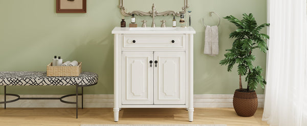 English Elm Christopher Knight Home® - 30 Inches Vintage Bathroom Vanity With Sink, Rustic Faux Aged Finish, Soft Close Doors & Storage Shelf N817P299472W