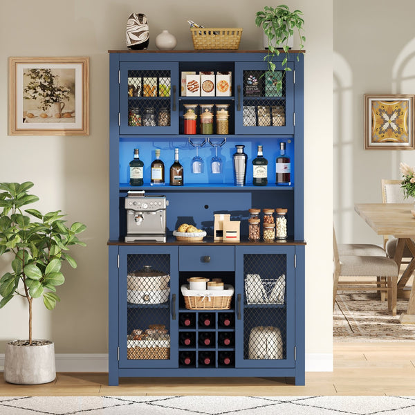 English Elm 70.9" Farmhouse Hutch Pantry with Led Lighting Wine Rack Mesh Doors and Built-in Power Navy Blue CH361426AAL