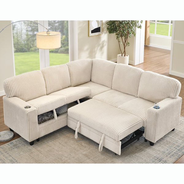 English Elm L-Shaped Sofa with Pull-Out Bed and Storage, 5-Seat Sectional with USB, Cup Holders, Cozy Chenille Beige W1998S00075