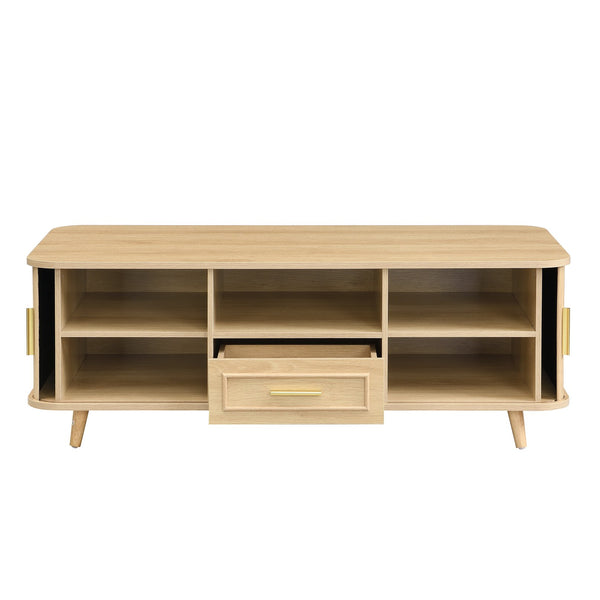 English Elm Modern Mid-century Coffee Table Tambour Doors Open Shelves Warm Wood Living Room Natural N770P333551N