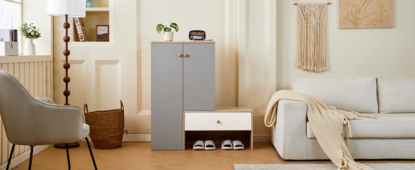 English Elm 12 Pair Shoe Organizer with Top Storage and Slim 78.75" Tall Cabinet, 3 Flip Drawers, Hooks, Sturdy Handles Grey,Natural Wood,White N845P261774E