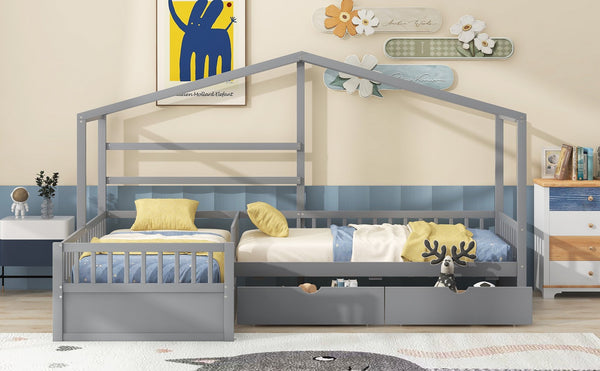 English Elm Twin House Platform Bed with Three Storage Drawers for Kids, Solid Pine & MDF, Sleek Roof Design Gray GX001026AAE