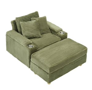English Elm Green corduroy single sofa with ottoman storage, built-in armrest compartments, removable covers, 57"x41" W1658S00136