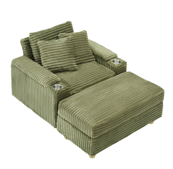 English Elm Green corduroy single sofa with ottoman storage, built-in armrest compartments, removable covers, 57"x41" W1658S00136