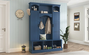 English Elm On-trend Farmhouse Hall Tree with Dual Cabinets Seven Hooks and Arched Entryway Storage Blue N721S000078C
